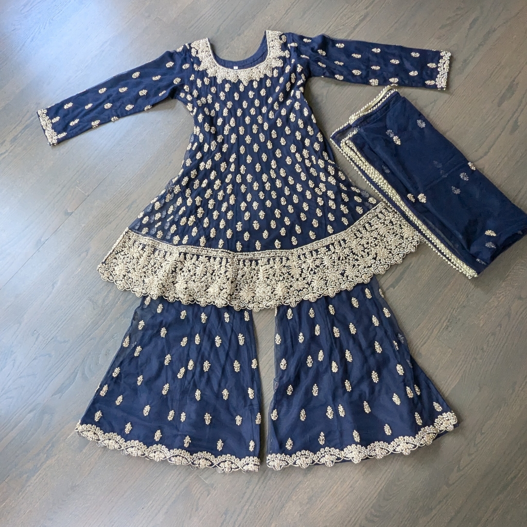 Indian Women's 3-Piece Sharara Outfit, Blue, Size Large